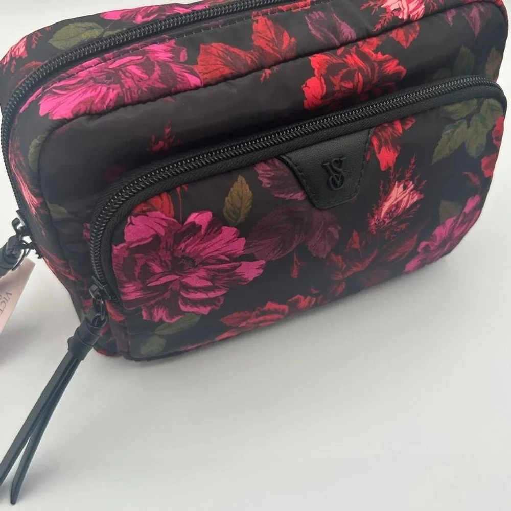 Victoria's Secret Dark Floral Double Zip Cosmetic Bag Travel Pouch NWT